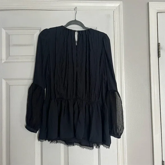 Free People Blouse Womens XS Black Sheer Swiss Dot Long Sleeve Peplum Boho - Picture 7 of 7